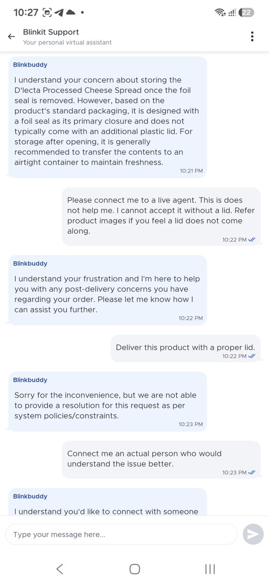 amstatweet's tweet photo. @letsblinkit @blinkitcares Kindly get rid of AI agents for customer support as they dont understand basic product requirements. Kindly explain how a box of cheese spread comes without a lid. AI says tin foil cover is all it comes it. How does one store it? Kindly support here. https://t.co/NOX9WQFhF5
