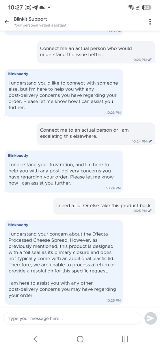 amstatweet's tweet photo. @letsblinkit @blinkitcares Kindly get rid of AI agents for customer support as they dont understand basic product requirements. Kindly explain how a box of cheese spread comes without a lid. AI says tin foil cover is all it comes it. How does one store it? Kindly support here. https://t.co/NOX9WQFhF5