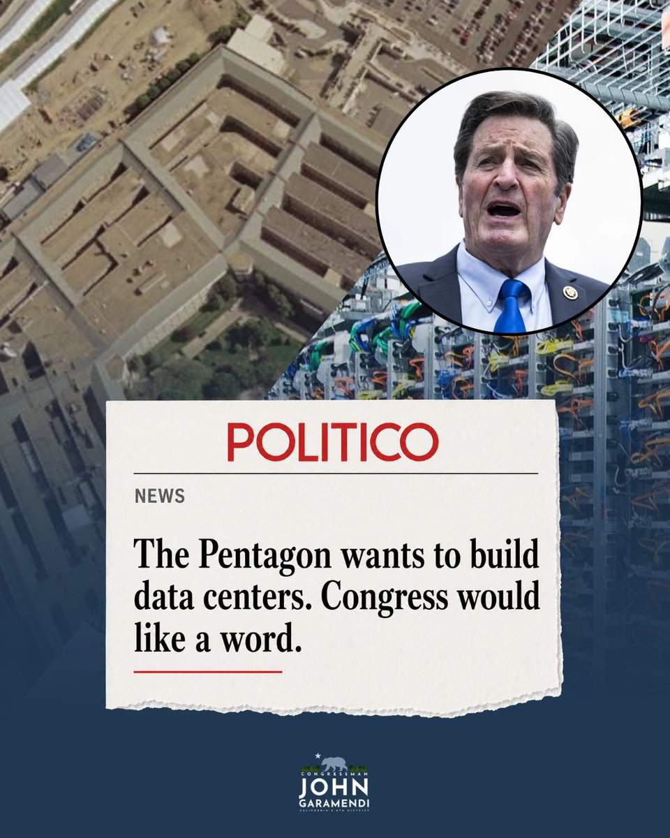 RepGaramendi's tweet photo. The Pentagon is moving quickly to lease land on military bases for massive AI data centers, but too often the extraordinary demand for energy and water comes at the expense of surrounding communities.

That is why I introduced legislation requiring the DOD to fully evaluate the impacts before any deal is finalized.