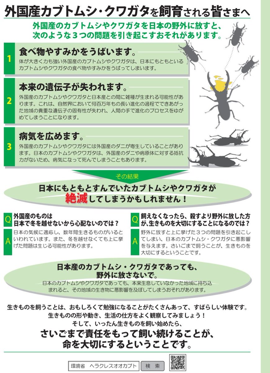 Lamprimadhd's tweet photo. 板橋区、必ず目を通して。
環境省のガイドラインにもあるとおり、放虫は生態系を破壊する行為であり、絶対にしてはいけません。7/30に区が購入したカブトムシやクワガタをまた放虫する計画があるようですが、絶対にしないでください。
@city_itabashi
https://t.co/i8owLaNZZ4
https://t.co/q6BOMA5dZB https://t.co/QqomOUc1tE