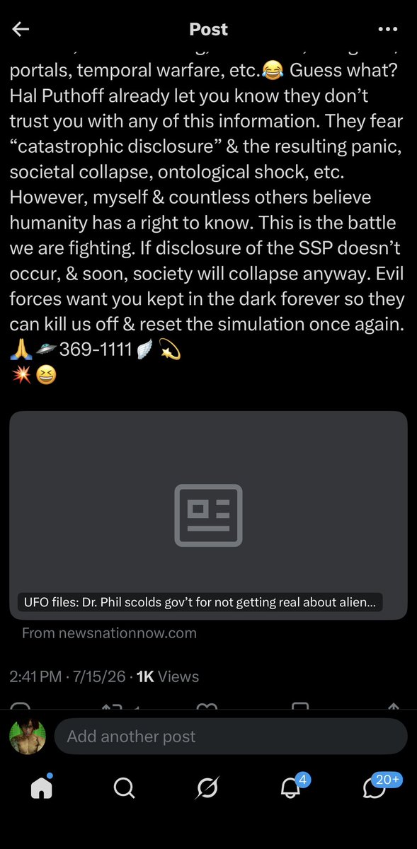 CosmicOperatorQ's tweet photo. 💥☘️🇺🇸 Yes they are using #DrPhil as a public spokesman for this. I believe Joe Rogan & others in independent media serve the same purpose. You know why I’m heavily suppressed & shadow banned on X? Because I’m legit af. Just saying. You know you’re over the target 🎯 when you can quote & reference yourself.😆Yet, I’m always ridiculed & dismissed. It’s okay, because I love this & would gladly do it for free. I, like so many others incarnated here to fight the good fight & help take out the Cabal trash.👽
Like I keep saying, they are slow playing #Disclosure because they know ontological shock among NPCs & normal people is a real & valid concern. However, I don’t care about their fragile psyche. Lives are hanging in the balance & humanity must be told the truth so we can move forward together!Thanks to everyone who enjoys my content. You are loved❤️ & appreciated!
💥👀🎯🔥
“Guess what? Hal Puthoff already let you know they don’t trust you with any of this information. They fear “catastrophic disclosure” & the resulting panic, societal collapse, ontological shock, etc. However, myself & countless others believe humanity has a right to know. This is the battle we are fighting. If disclosure of the SSP doesn’t occur, & soon, society will collapse anyway. Evil forces want you kept in the dark forever so they can kill us off & reset the simulation once again.”
 #NHI #SSP #Aliens #ZeroPointEnergy 
🙏🛸369-1111🪽💫🐸🐇🕳️🌎❤️
https://t.co/IG9zVy4UhJ