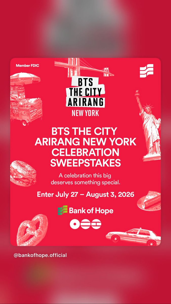 BTSx50States's tweet photo. The Bank of Hope stamp rally started! Visiting is free, helps a good cause, &amp; if you show them your sweepstakes entry, you get a scratch-off card for a freebie. They had ARIRANG themed shopping bags, bandanas, fanny packs, &amp; keyrings when this admin went. 
(images from their IG) https://t.co/3wVDhM1G8W