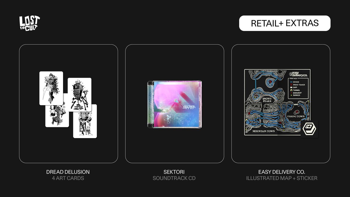 Wario64's tweet photo. Sektori (PS5/Switch 2), Easy Delivery Co. (PS5/Switch), Dread Delusion (PS5/Switch 2) Lost in Cult Editions up for preorder at Lost in Cult (Retail+ Extras LiC preorder  exclusives as well) https://t.co/m6fFq5hC8A 

Retail Edition on VGP https://t.co/DYvA7E4St0 #ad https://t.co/R824WsQMWo