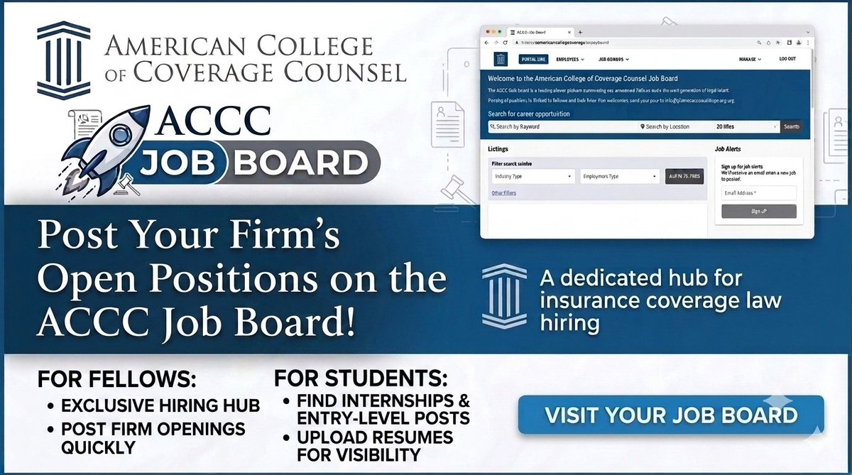 CoverageCollege's tweet photo. Looking to recruit top insurance law talent or launch your legal career? The ACCC Job Board connects ACCC Fellows with qualified law students. 
🔹 Fellows: Post openings &amp; access the resume bank for free. 
🔹 Students: Upload your resume for visibility.
🔗 https://t.co/lcEESGcshc https://t.co/KFF2OhkSv8