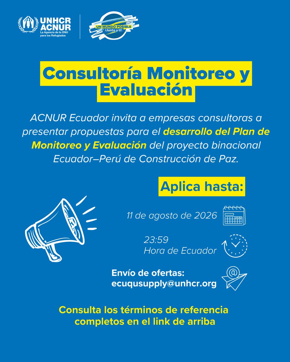 ACNUREcuador's tweet photo. Invitamos a empresas a presentar propuestas para el Plan de Monitoreo y Evaluación del proyecto binacional 🇪🇨🇵🇪 de Construcción de Paz.
Buscamos experiencia en investigación social, líneas de base y MEL.
📅 Postula hasta el 11/Agosto, 23:59
📄 Aplica aquí: https://t.co/rRLjsqsPaD https://t.co/eQrbeXSxx5