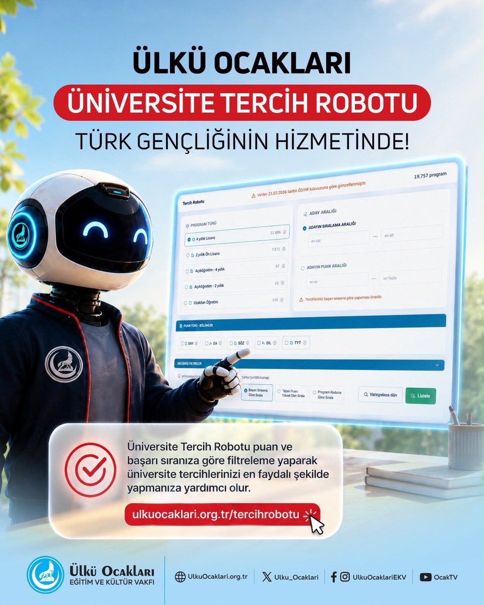 Emrehan361's tweet photo. Üniversite tercih döneminde gençlerimizin yanında olmaya devam ediyoruz. 🇹🇷

Geleceğinize yön verecek bu önemli süreçte siz de Tercih Robotumuzu kullanabilirsiniz.

🤖 https://t.co/kibHaiCGs0

@ayyildirim1 
@Aalparslandogan https://t.co/xuwoeef5XM
