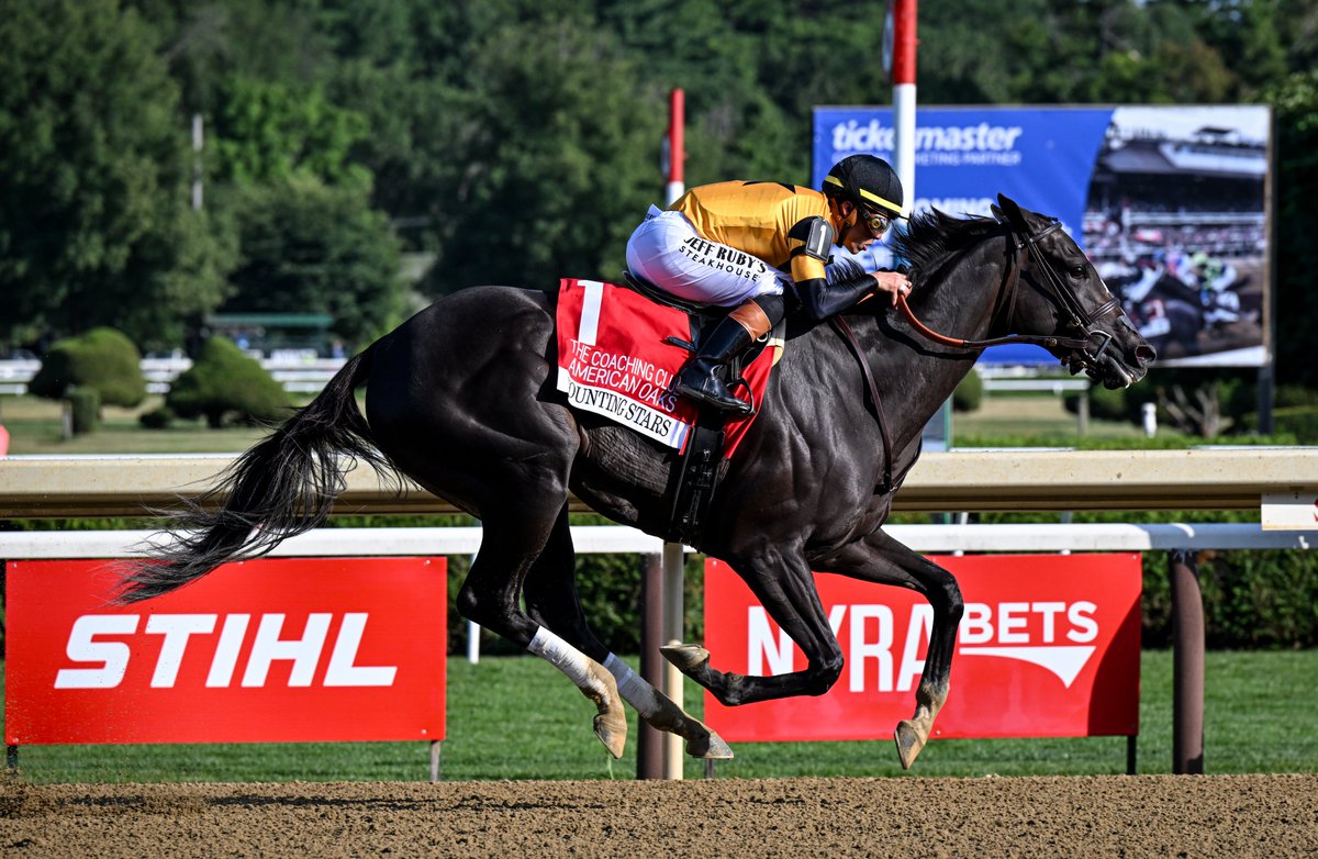 Equibase's tweet photo. COUNTING STARS was simply spectacular on Saturday at @Saratoga1863 with a 4 1/4 length win in the G1 CCA Oaks for trainer @markecasse with @iradortiz aboard!

The 3yo Honor A. P. filly earned a career-best 104 Equibase Speed Figure for her performance and has earned over $1.4M so far in 2026 and $1.6M lifetime! In her last two starts, she has won the G1 Acorn and G1 CCA Oaks by a combined winning margin of 8 lengths 👀

Counting Stars ran the final furlong of the CCA Oaks in 12.83 seconds, nearly a half-second faster than any other filly in the field, and averaged a 24.17-foot stride length throughout the race.

2026 record:
🏇6-3-1-1
🥇G1 CCA Oaks
🥇G1 Acorn S.
🥇G2 Fantasy S.
🥈G3 Honeybee S.
🥉G1 Kentucky Oaks

Check out her horse profile on Equibase:
https://t.co/H0lxrAz7CH

📸Eclipse Sportswire