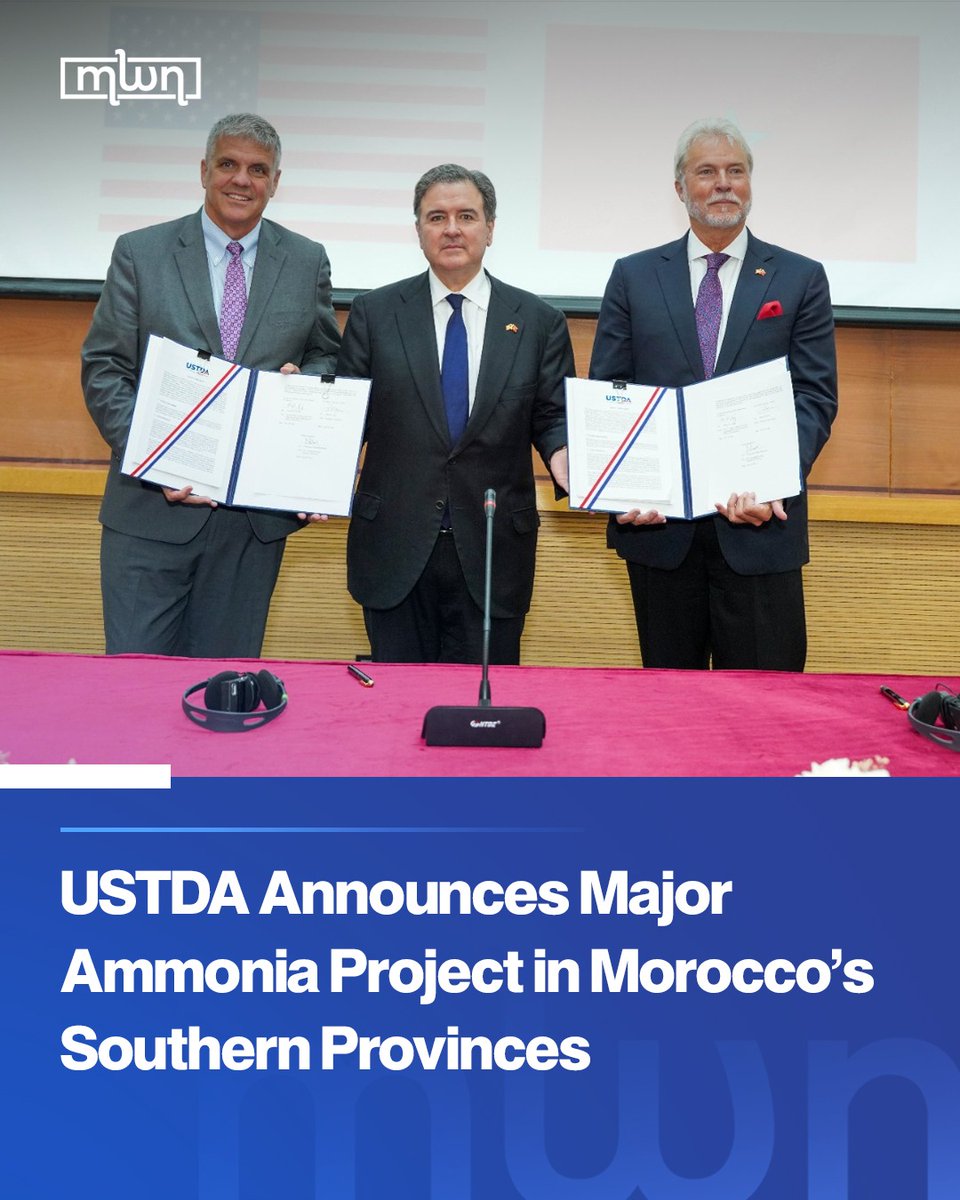 MoroccoWNews's tweet photo. The US Trade and Development Agency (#USTDA) signed an agreement with Moroccan-based joint venture ORNX Laayoune 1 SASU (ORNX) on Tuesday to fund a pre-front end engineering and design (#FEED) study supporting a large-scale #ammonia production plant in Morocco’s southern provinces using US technology.  

“Morocco has made ammonia production in the region a top national priority. When our allies are making generational infrastructure decisions, USTDA is proud to partner with #US industry to demonstrate the best of what America has to offer,” said Thomas R. Hardy, USTDA’s Deputy Director.

Read more: https://t.co/UtGrnXLmI8

#Morocco #USTDA #GreenHydrogen #GreenAmmonia #Ammonia #RenewableEnergy #CleanEnergy #Investment #USMorocco
