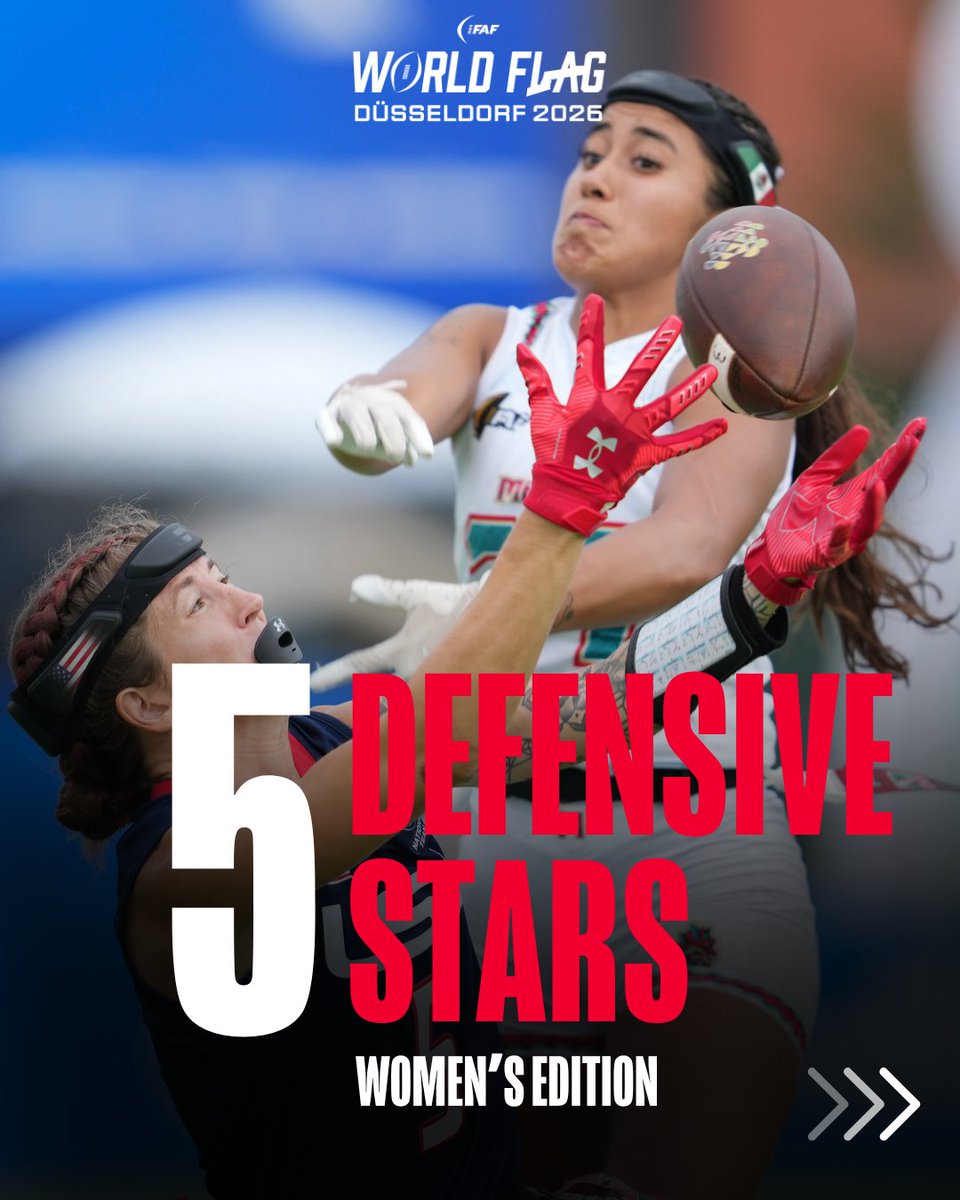 IFAFMedia's tweet photo. 💥 Düsseldorf is coming. And you need to know the names.

Before IFAF World Flag 2026 kicks off, meet the players who'll decide it.

Let’s see the five defensive backs from the women’s competition. Who’s the one to watch? 
#FLAGFOOTBALL #IFAF #RoadtoLA28 #OlympicQualifier

1/3 https://t.co/JfaEQu3BjC