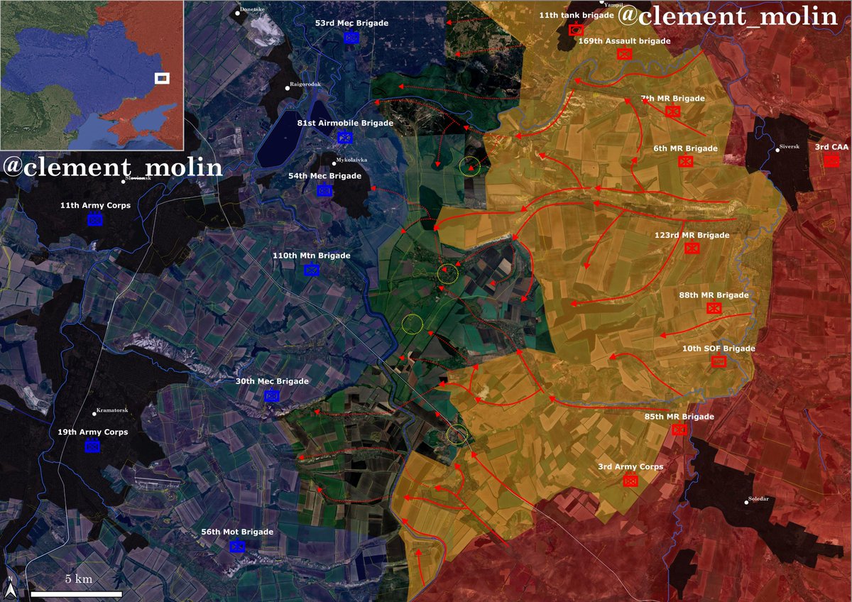 clement_molin's tweet photo. For months, the situation on the Sloviansk front has been deteriorating

The new Chief of the General Staff of the Ukrainian 🇺🇦Army, Mykhailo Drapaty, must respond as the first Russian 🇷🇺 units have reached approximately 10 km east of Sloviansk and Kramatorsk.

Since the fall of Siversk in December 2025, attributed to errors by several local commanders, this front has been the most successful for the Russian army throughout 2026.

Not only have Russian forces managed to consolidate their hold on Siversk, which had resisted them for three years, but they have also pushed 10 to 15 km westward, drawing significantly closer to the last major urban centers of the Donbas: Sloviansk and Kramatorsk. While a future assault on the cities from the east seems unlikely due to the terrain, this strategic position allows the Russians to monitor and bomb the urban area and its logistical supply lines.

Three weeks ago, the first Russian infiltrators were captured in Mykolaivka, a town about 10 km east of Sloviansk. Recently, Russian soldiers have been spotted in buildings on the eastern edge of the town; this could signal the imminent start of the battle for the town, which serves as the eastern gateway to Sloviansk. Russian forces are advancing on Mykolaivka along two main routes, following the Siverskyi Donets River and moving through forests via Kryva Luka, Pyskunivka, and Starodubivka, while taking cover in houses and wooded areas. Countering these infiltrations is difficult due to the dense forests along the Donets River.

The second infiltration route runs through a forest north of Rai Oleksandrivka. Russian forces have been actively using this forest for over a month to enter Rai Oleksandrivka. This small village, seemingly insignificant at first glance, is actually of strategic importance, as the surrounding high ground overlooks the city of Sloviansk. In recent weeks, Russian forces have been consolidating their hold on the village and the surrounding heights, even though Ukrainian troops still maintain positions in many areas.

Further south, the situation is hardly better. Russian forces are infiltrating daily along the Donets Canal, with some units crossing this canal, which serves as a makeshift fortification, to advance toward Kramatorsk. Several villages west of the canal have thus shifted into the "gray zone," a source of growing concern for the Ukrainian command. If these infiltrations continue, we could see the first Russian soldiers in the Bilenke district of Kramatorskbefore the end of the year.

Why is the situation so difficult for the Ukrainians? First, the geography complicates the Ukrainian defense: the Donets Canal aids the Ukrainian defense just as much as it facilitates the Russian offensive. The situation here mirrors the one described yesterday, but in reverse. Crossing the canal, reaching Mykolaivka, and massing troops there is a highly complex undertaking. The Russian army will face the same challenge: crossing the canal, particularly around the Sloviansk power plant and its network of waterways, will come at a very high cost, especially given the extensive fortifications the Ukrainians have built in the area over recent months. Consequently, it is highly unlikely that the battle for Sloviansk will begin this year, not least because the fighting in Mykolaivka is likely to be prolonged.

Another key factor is the high frequency of Russian airstrikes targeting forests and buildings, particularly in Mykolaivka, as illustrated in the map included in the following tweet.

Ultimately, Ukrainian resources in the area are insufficient - comprising only five or six brigades - though doing better is difficult given the local logistical challenges. Russian losses in the sector are significant, particularly when troops are forced to advance across open ground; nevertheless, this has not halted their steady progress this year.

In the coming weeks, attention must shift to the Donbas, specifically the area between the Donets River and Dobropilla, where the Russian army is concentrating its forces. Elsewhere, however, potential offensive opportunities are opening up for Kyiv.

Thank you for following this new analysis. Sources include open source data, sattelite images, geolocated videos and some private sources.