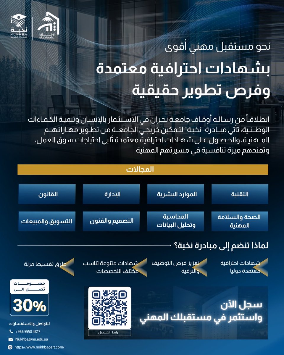 Dr_Wafy's tweet photo. لأول مرة في جامعة نجران ..
أطلقت أوقاف الجامعة مبادرة نخبة للشهادات المهنية الاحترافية، وتقدم شهادات في تخصصات مختلفة جميعها مطلوبة في سوق العمل، وبخصم يصل الي 30٪ على بعض الشهادات.

والأجمل فيها:
✅الرسوم تشمل التدريب والإختبار الدولي
✅خدمة استشارة مجانية
✅خدمة تقسيط الشهادات

فرصة لكل من يرغب في تطوير مساره المهني وتعزيز فرصه الوظيفية

للتسجيل:
https://t.co/cbYpUZ26dt