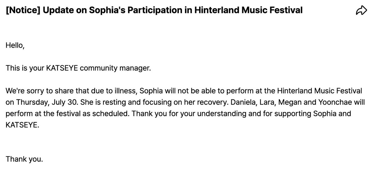 katseyeworld's tweet photo. [Notice] Update on Sophia's Participation in Hinterland Music Festival
https://t.co/K1eSYQUmCC https://t.co/CazP7gUyXw