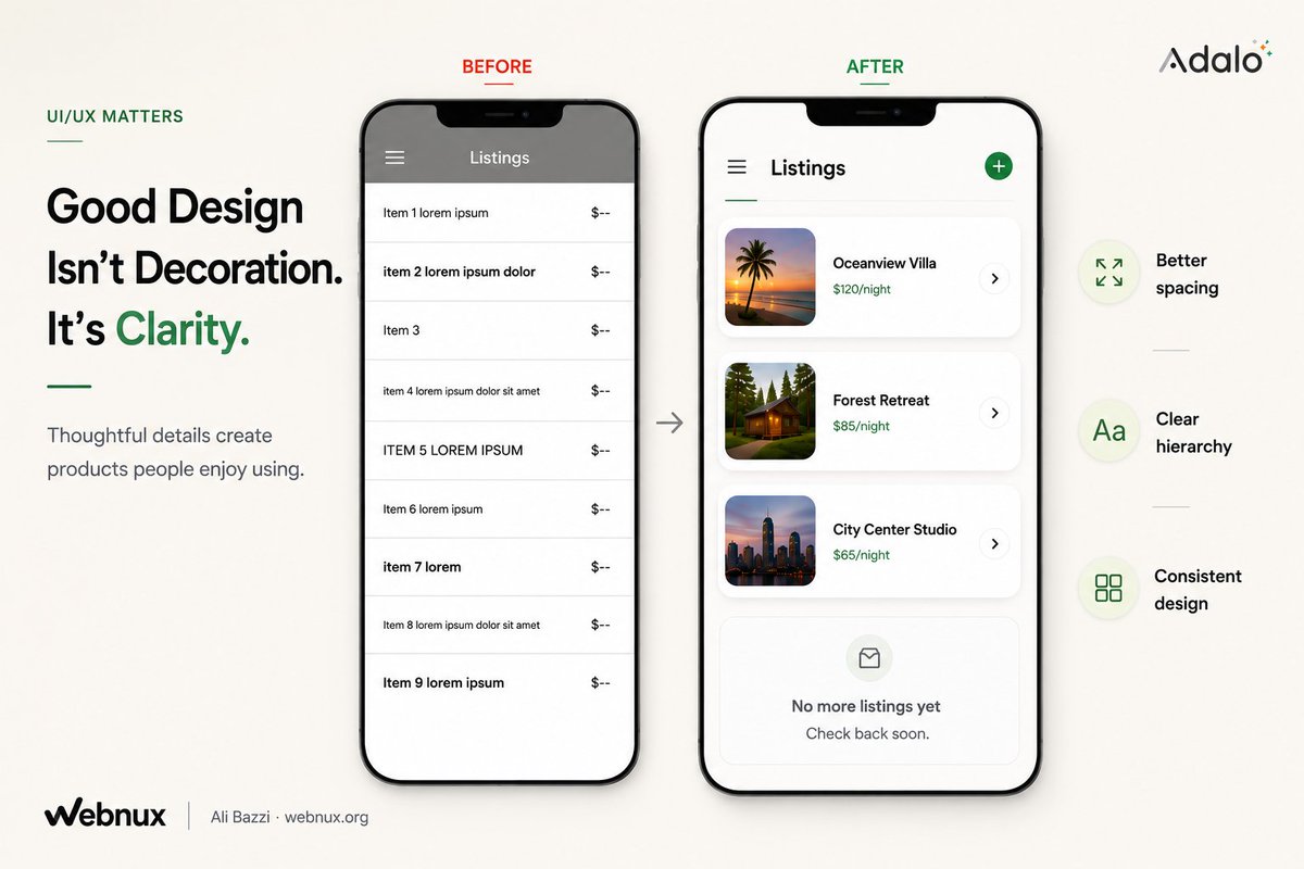 AliBazziX's tweet photo. 180+ apps built on @AdaloHQ taught me exactly what makes an app look world-class, and it's rarely what people assume.

Broke down exactly what separates them 👇
https://t.co/xz6ADVBWxe

#Adalo #NoCode https://t.co/8qbbE4E6MK