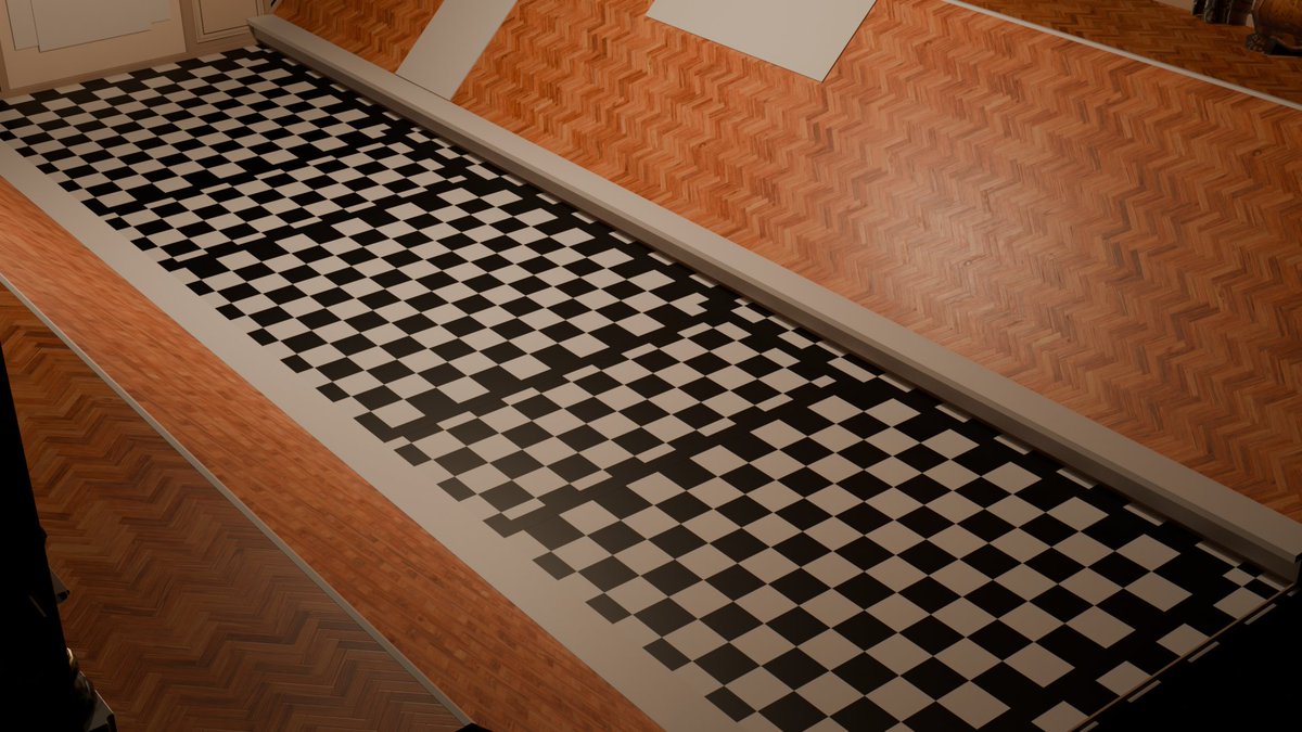 Kapiteijn_'s tweet photo. Huidige staat van de huiskamer. De vormen van deuren en ramen zijn nu volledig afgewerkt en kunnen gebruikt worden om de textures te maken. Het patroon van de vloer is ook al uitgestippeld! 🏁 #efteling #b3d #substancepainter #VillaVolta #unrealengine #3D https://t.co/wiPHzMMfuq