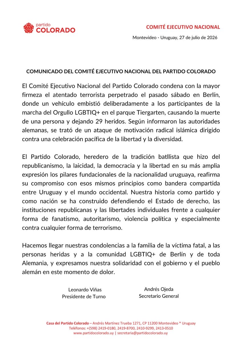 PartidoColorado's tweet photo. El Partido Colorado condena con la mayor firmeza el atentado terrorista perpetrado en Berlín contra una celebración pacífica.

Frente al fanatismo, la violencia y el terrorismo, reafirmamos nuestra defensa irrenunciable de la democracia, el Estado de derecho y las libertades individuales.
