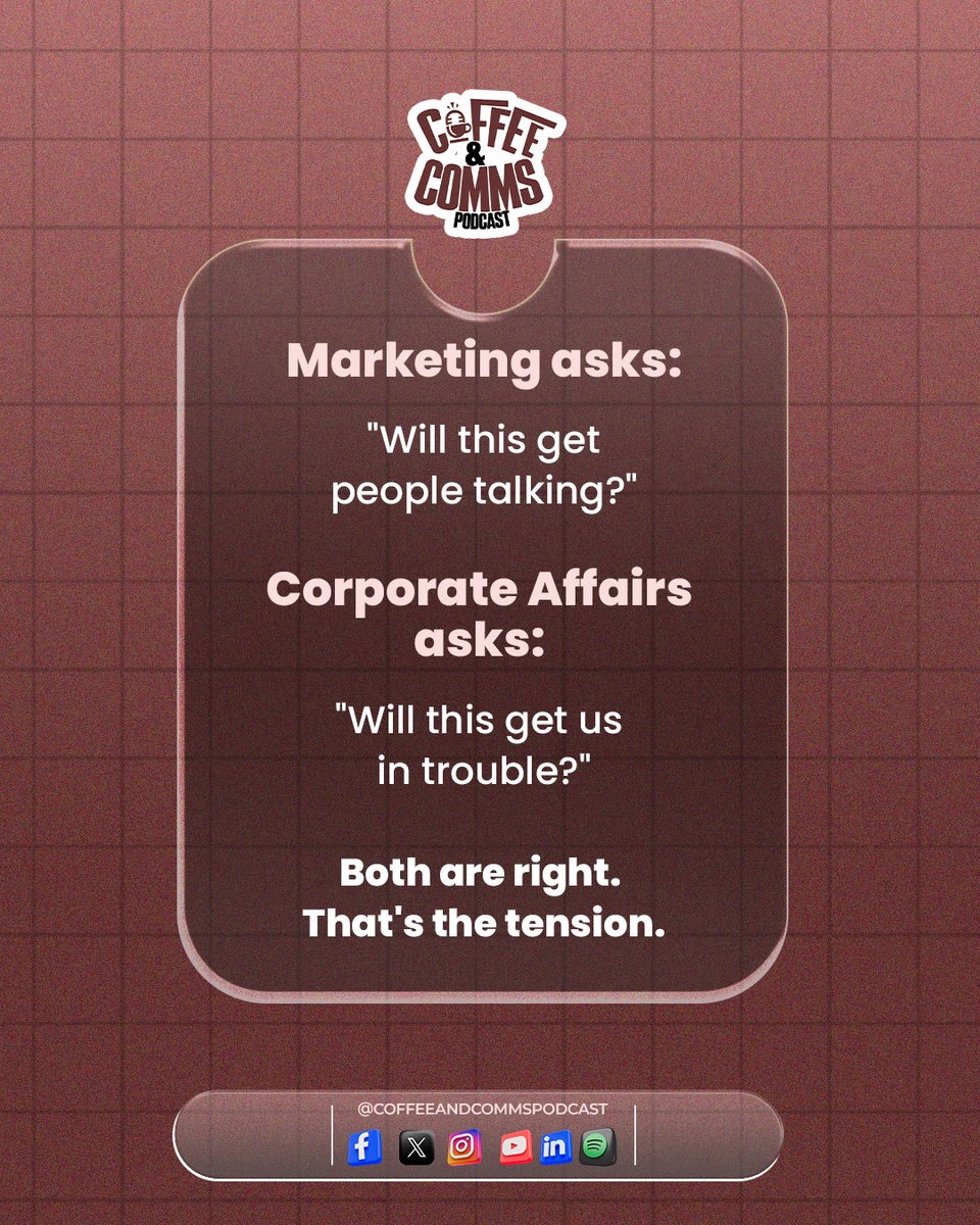 coffeeandcomms's tweet photo. Marketing wants attention. Corporate Affairs wants trust. Same company, different scoreboard and it’s not the turf war everyone thinks it is.

New episode of Coffee and Comms drops this Friday.

#CoffeeAndComms #MarketingVsComms #BrandStrategy #PRLife #CorporateAffairs https://t.co/GPgYvbEazr