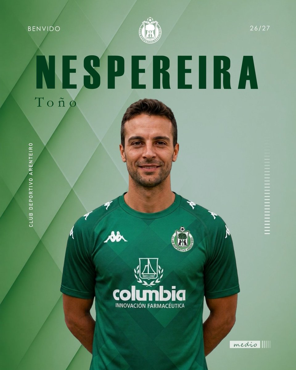 CD_Arenteiro's tweet photo. ✍🏻 OFICIAL | Fichaxe de Toño Nespereira
Experiencia, criterio e liderado para o centro do campo. Toño Nespereira chega ao CD Arenteiro.
Capitán, ascenso á 3ª RFEF e participación na Copa do Rei forman parte dunha carreira marcada pola regularidade e o compromiso. Benvido Toño! https://t.co/pnFfT0yesb