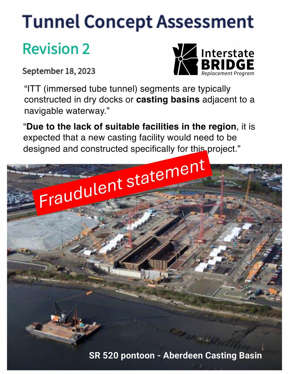 BOrtblad's tweet photo. The IBR’s “Tunnel Concept Assessment” falsely claims a costly casting basin is needed to fabricate immersed tunnel segments.
Steel shell tunnel segments can be fabricated a several local shipyards.
IBR also fraudulently inflated dredging &amp; excavation by four million cubic yards. https://t.co/YV98RWAgwX