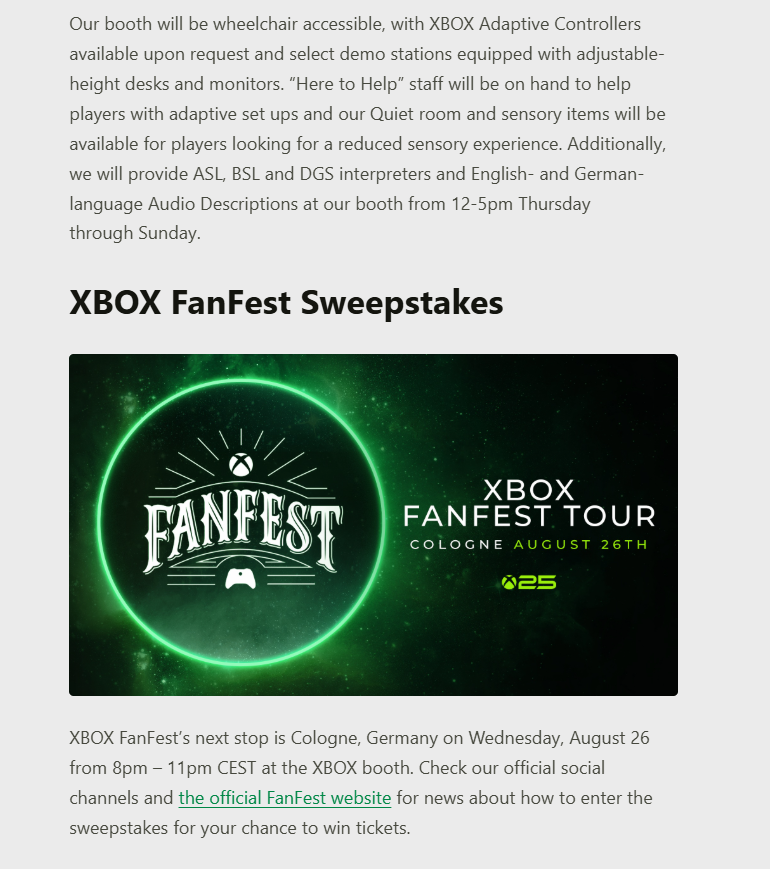 Wario64's tweet photo. 'XBOX @ gamescom 2026
XBOX celebrates 25 years of play and returns to gamescom with Call of Duty: Modern Warfare 4, Gears of War: E-Day, Minecraft Dungeons II, and more.'

Live broadcasts will feature interviews, special guests, gameplay reveals, new trailers, and more

https://t.co/p5ppDLB8Ow