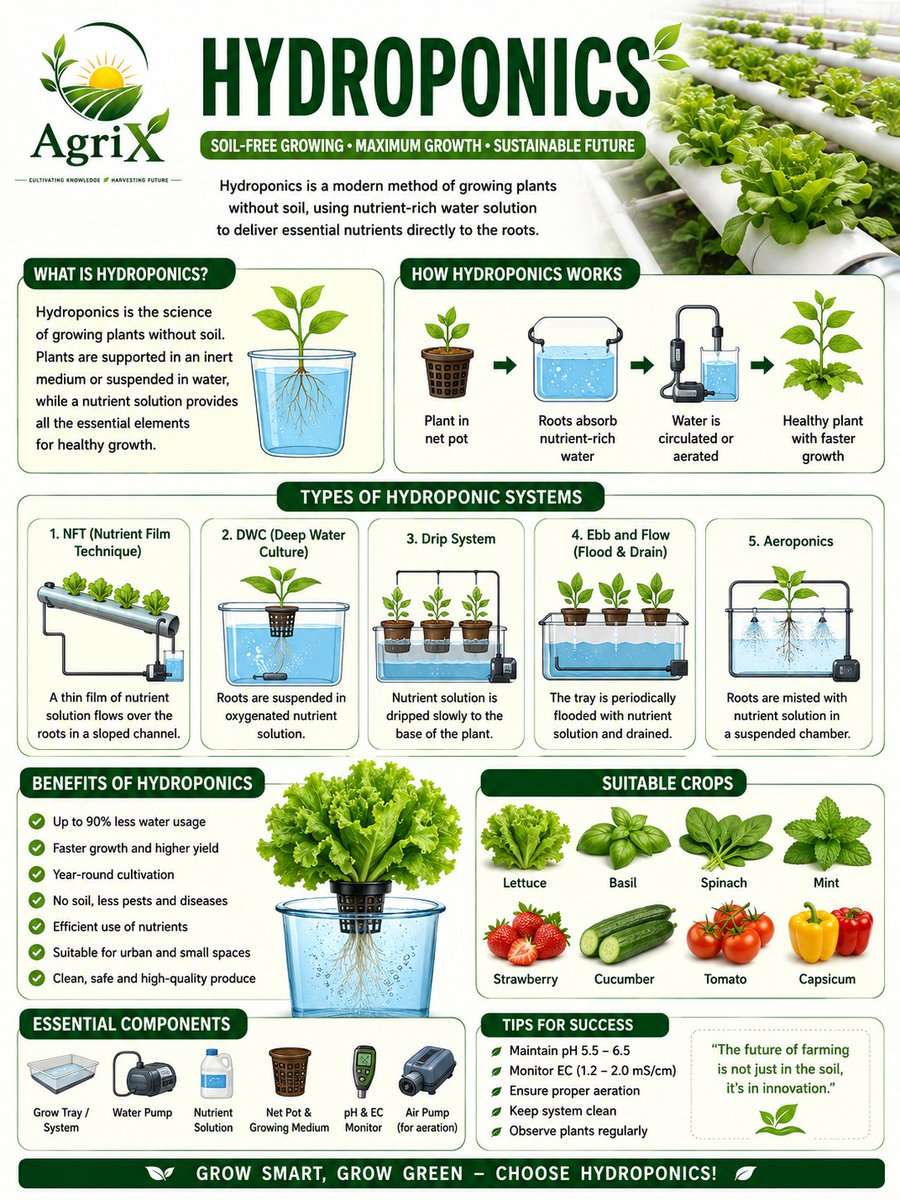 agrix2026's tweet photo. Hydroponics is a sustainable and efficient cultivation technique that helps produce high-quality crops with minimal water and land, making it an important technology for the future of agriculture.
#Hydroponics #SoillessFarming #SmartFarming #ControlledEnvironmentAgriculture https://t.co/2SUWzBTsSS