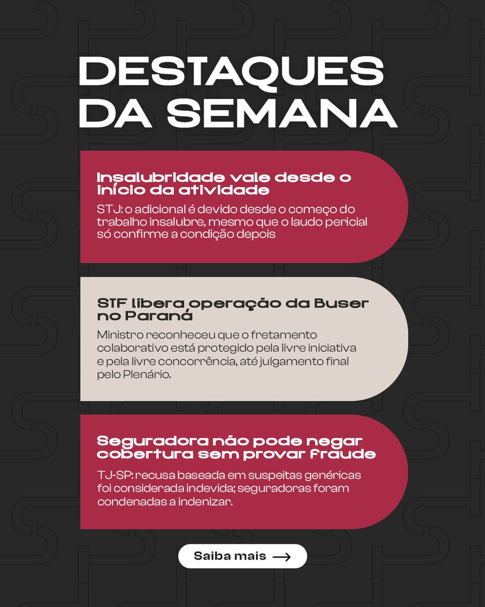 joaopff's tweet photo. Mais uma semana, mais decisões que merecem atenção de quem empreende. Entre os destaques: o STF confirmou que a plataforma de fretamento colaborativo Buser pode operar no Paraná até o julgamento definitivo pelo Plenário, reafirmando a proteção constitucional à livre iniciativa. https://t.co/IJBvaeCWfQ