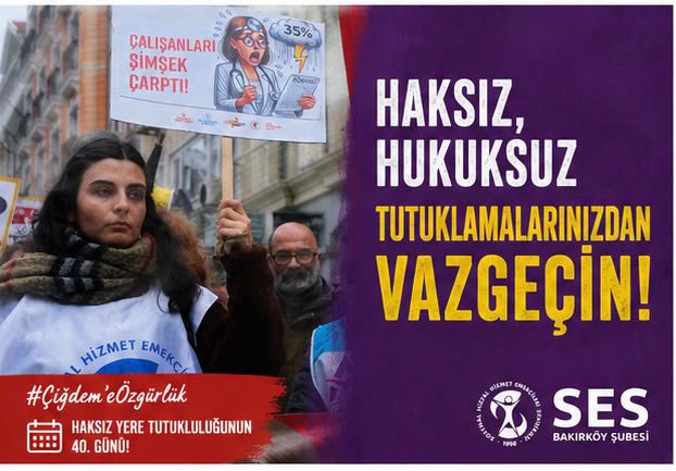 sesgenelmerkezi's tweet photo. SES Bakırköy Şube Eğitim ve Örgütleme Sekreterimiz Çiğdem Yıldırım sendikal faaliyetler ve kadın çalışmaları gerekçe gösterilerek haksız yere tutuklu yargılanıyor ! 

#ÇiğdemeÖzgürlük
@sesbakirkoysube https://t.co/D2KzT18Sht