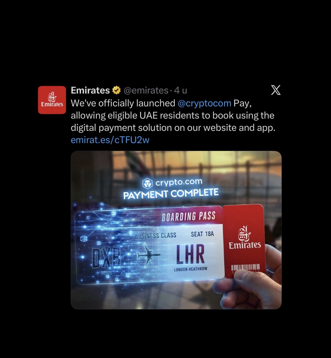 DustyBC's tweet photo. 🚨𝗝𝗨𝗦𝗧 𝗜𝗡: UAE airline Emirates now accepts cryptocurrency payments through Cryptocom Pay for flight bookings on the airline’s website and app. https://t.co/ik8HpPMk3D