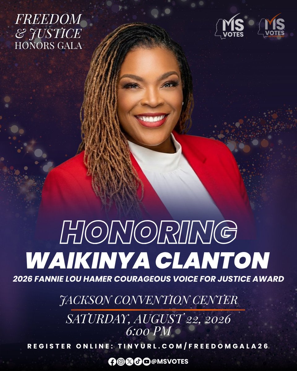 MSVotes's tweet photo. Meet Waikinya Clanton, recipient of the 2026 Fannie Lou Hamer Courageous Voice for Justice Award.

Join us on August 22 as we celebrate her work. 
Tickets are available now at https://t.co/4AfvDMXAc0! 

#FreedomJusticeGala #FreedomGala26 https://t.co/mjxGmL2STW