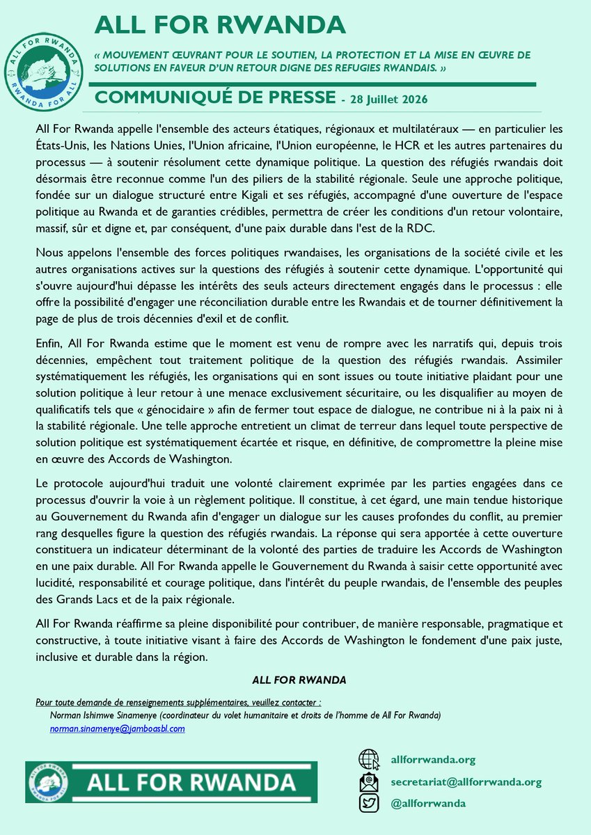 NormanIshimwe's tweet photo. 📣 Aujourd'hui, All For Rwanda salue la signature du protocole de désarmement, de démobilisation et de cantonnement conclu entre les FDLR et la RDC dans le cadre des Accords de Washington. Nous considérons qu'il s'agit d'une avancée politique majeure vers le traitement de l'une des causes profondes du conflit : la situation des centaines de milliers de réfugiés rwandais vivant en exil depuis plus de trente ans. Le protocole reconnaît la nécessité d'un dialogue politique, du retour volontaire, sûr et digne des réfugiés, ainsi que d'une plus grande ouverture de l'espace politique au Rwanda. Nous appelons toutes les parties à saisir cette opportunité historique pour bâtir une paix durable dans la région des Grands Lacs.

🇫🇷 French: https://t.co/oMrI4wfPLu 
🇬🇧 English: https://t.co/0QfiAvYAGQ