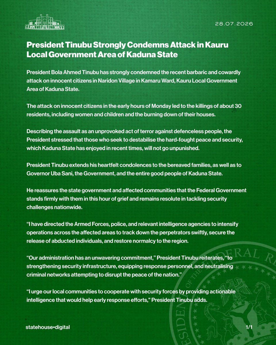 NGRPresident's tweet photo. President Tinubu Strongly Condemns Attack in Kauru Local Government Area of Kaduna State. https://t.co/HPIJBrPEhC