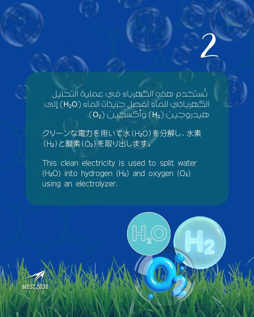 mbsc2030's tweet photo. بخلاف الهيدروجين التقليدي المنتج من الغاز الطبيعي، لا يخلّف الهيدروجين الأخضر أي انبعاثات كربونية أثناء عملية الإنتاج، مما يجعله عنصراً أساسياً في جهود الوصول إلى الحياد الكربوني وتعزيز استدامة الطاقة في المستقبل.
🚀 التحول نحو الطاقة النظيفة لم يعد خياراً للمستقبل فحسب، بل أصبح واقعاً يتشكل اليوم

天然ガスから製造される従来型の水素とは異なり、グリーン水素は製造過程で二酸化炭素（CO₂）を排出しません。そのため、カーボンニュートラルの実現や持続可能なエネルギー社会の構築に向けた重要な鍵として期待されています。
🚀 クリーンエネルギーへの転換は、もはや未来の選択肢ではなく、すでに始まっている現実です。

Unlike conventional hydrogen produced from fossil fuels, green hydrogen is generated using renewable energy and can significantly reduce greenhouse gas emissions. It is expected to play an important role in achieving global net-zero emissions targets and supporting a more sustainable energy system.
🚀 The transition to clean energy is already underway, and green hydrogen is set to be a major part of that future.