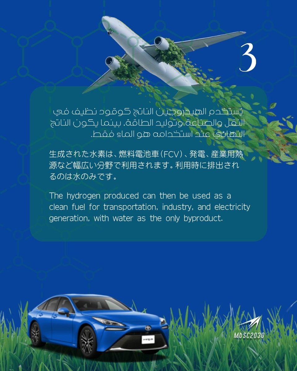 mbsc2030's tweet photo. بخلاف الهيدروجين التقليدي المنتج من الغاز الطبيعي، لا يخلّف الهيدروجين الأخضر أي انبعاثات كربونية أثناء عملية الإنتاج، مما يجعله عنصراً أساسياً في جهود الوصول إلى الحياد الكربوني وتعزيز استدامة الطاقة في المستقبل.
🚀 التحول نحو الطاقة النظيفة لم يعد خياراً للمستقبل فحسب، بل أصبح واقعاً يتشكل اليوم

天然ガスから製造される従来型の水素とは異なり、グリーン水素は製造過程で二酸化炭素（CO₂）を排出しません。そのため、カーボンニュートラルの実現や持続可能なエネルギー社会の構築に向けた重要な鍵として期待されています。
🚀 クリーンエネルギーへの転換は、もはや未来の選択肢ではなく、すでに始まっている現実です。

Unlike conventional hydrogen produced from fossil fuels, green hydrogen is generated using renewable energy and can significantly reduce greenhouse gas emissions. It is expected to play an important role in achieving global net-zero emissions targets and supporting a more sustainable energy system.
🚀 The transition to clean energy is already underway, and green hydrogen is set to be a major part of that future.