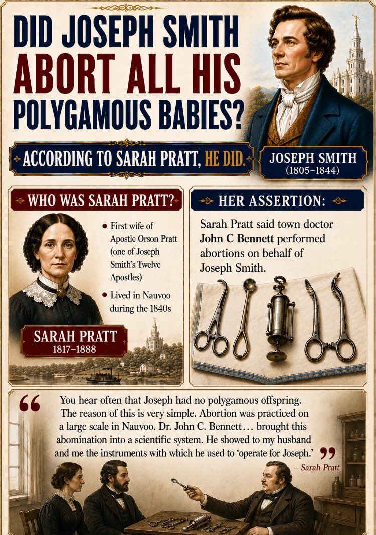 dttpeople's tweet photo. It makes sense now!  Before I couldn’t figure how Joseph Smith had sex with at least 11 polygamous wives, but no known offspring.
According to Sarah Pratt he was aborting them!
I didn’t know abortions existed back then, but I looked and 20% of pregnancies ended in abortion. https://t.co/w0pYIRLmKR
