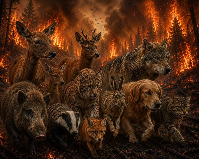 luckasdelille59's tweet photo. "Le renard est un nuisible. Le loup est dangereux. Le blaireau dérange. Le lynx fait peur. Le chevreuil détruit les cultures. Le sanglier envahit. Les animaux sont toujours les coupables...
Pourtant, aucun d'eux n'a allumé un incendie.
Aucun n'a rasé une forêt. Aucun n'a bétonné une montagne. Aucun n'a détruit la planète par avidité.
Ils ne demandent qu'une seule chose : vivre sur la terre qui les a vus naître.
Les véritables victimes ne sont pas les humains qui se plaignent... Ce sont ces milliers d'êtres vivants qui périssent dans les flammes, perdant leurs petits, leur refuge, leur nourriture et leur avenir.
Le plus grand prédateur de cette planète n'a ni crocs, ni griffes... Il marche sur deux jambes.
Avant de juger les animaux, regardons ce que l'humanité est en train de faire à leur monde... et au nôtre." 🦌🐺🦊💔🌲