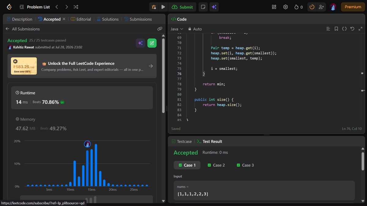 chinu_codes's tweet photo. 🚀 Back to Coding - @ali_In_bits
• Solved LC - Top K Frequent Elements 📊
• Practiced HashMap + Heap and explored multiple approaches ⚡
• Strengthened frequency-based problem-solving 🧠
#100DaysOfCode #Java #DSA #HashMap #Heap #LeetCode https://t.co/xT5eIcnKFg