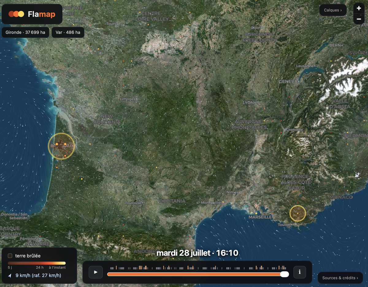 GuillaumeRozier's tweet photo. Merci pour vos retours ! La France est désormais entièrement couverte, exemple ici avec l'incendie du Var. 

Les données de direction et force du vent (Météo France) sont désormais superposées à la carte.
https://t.co/IzrgkAmYwo https://t.co/IhanIB3mUQ