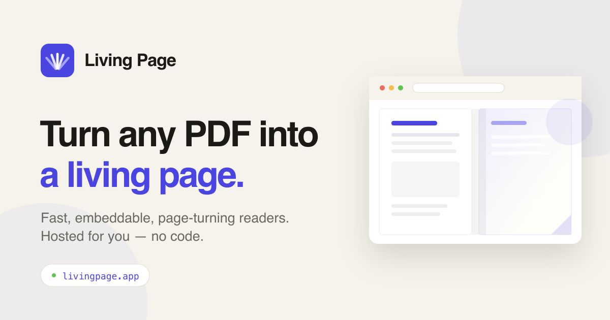 livingpageapp's tweet photo. Living Page is trending on @BetaList today 🎉 — turns out the world was quietly desperate for a way to stop emailing each other 14MB PDFs that open sideways.

https://t.co/ytGtT5gOyS

Come see what the (very modest, gently page-turning) fuss is about 👉 https://t.co/NP5EDlkjg7 https://t.co/foTbSrXt3W