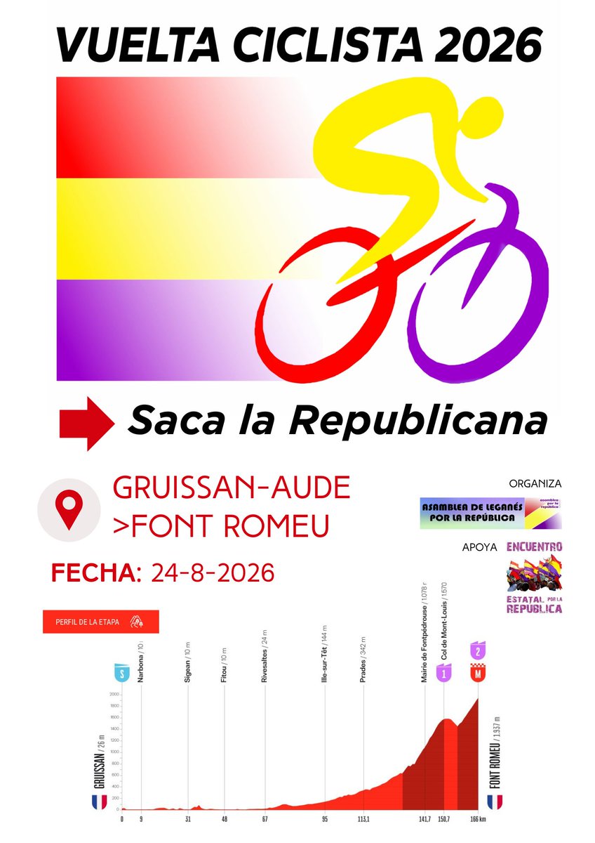 EncuenPorLaRep's tweet photo. 🔴  Vuelta Ciclista 2026 #LaVuelta26

📅  24-08-2026

🚩  Gruissan-Aude - Font Romeo

🟡  Os invitamos a sacar las banderas republicanas y las de cada territorio, así como las banderas por la paz y contra la guerra

🟣 #Vuelta26SacaLaRepublicana https://t.co/LoXRkrqbVq