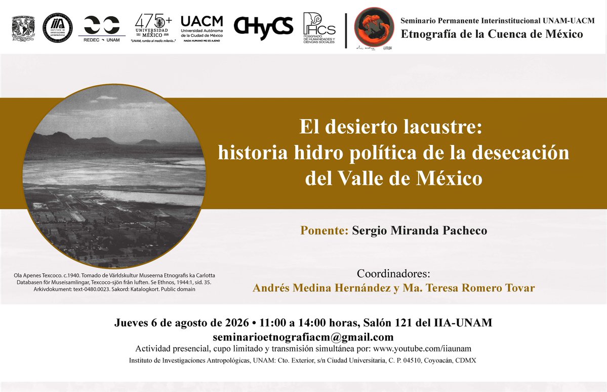 UNAM_Historicas's tweet photo. “El desierto lacustre. Historia hidropolítica de la desecación del Valle de México” narra la historia de la gestión del agua como instrumento de poder. Acompáñanos a platicar acerca de este tema en la presentación que se llevará a cabo el 6 de agosto.
https://t.co/LEfKN7Yuhr https://t.co/EaOhfR0N8x