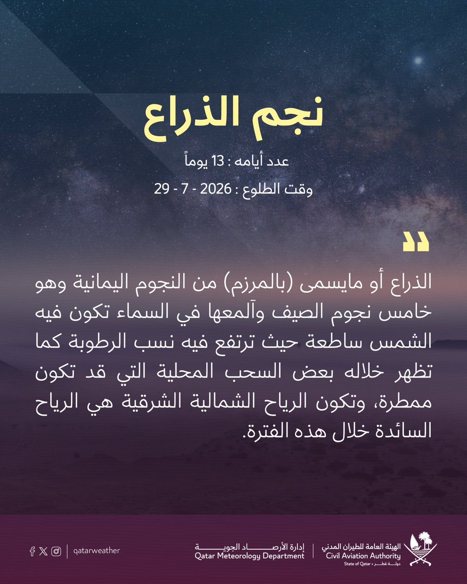 qatarweather's tweet photo. الليلة هي أول ليالي نجم #الذراع، ترتفع فيه الرطوبة وتظهر خلاله بعض السحب المحلية التي قد تكون ممطرة. 

#قطر https://t.co/EaQ4fLqpP9