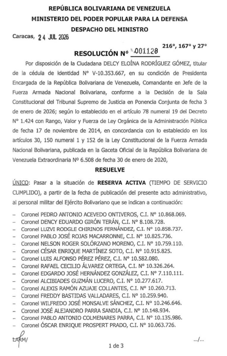 Mas_Arr3ch0's tweet photo. Delcy Rodríguez, la “Presidenta Encargada” de un país sin presidente, firmó 4 resoluciones y en un solo día se despachó a 122 oficiales del Ejército.

30 generales (incluyendo 4 Mayores Generales) y 74 coroneles a la Reserva Activa.

Otros 18 coroneles directamente cesados. https://t.co/gdZJTaaGg0