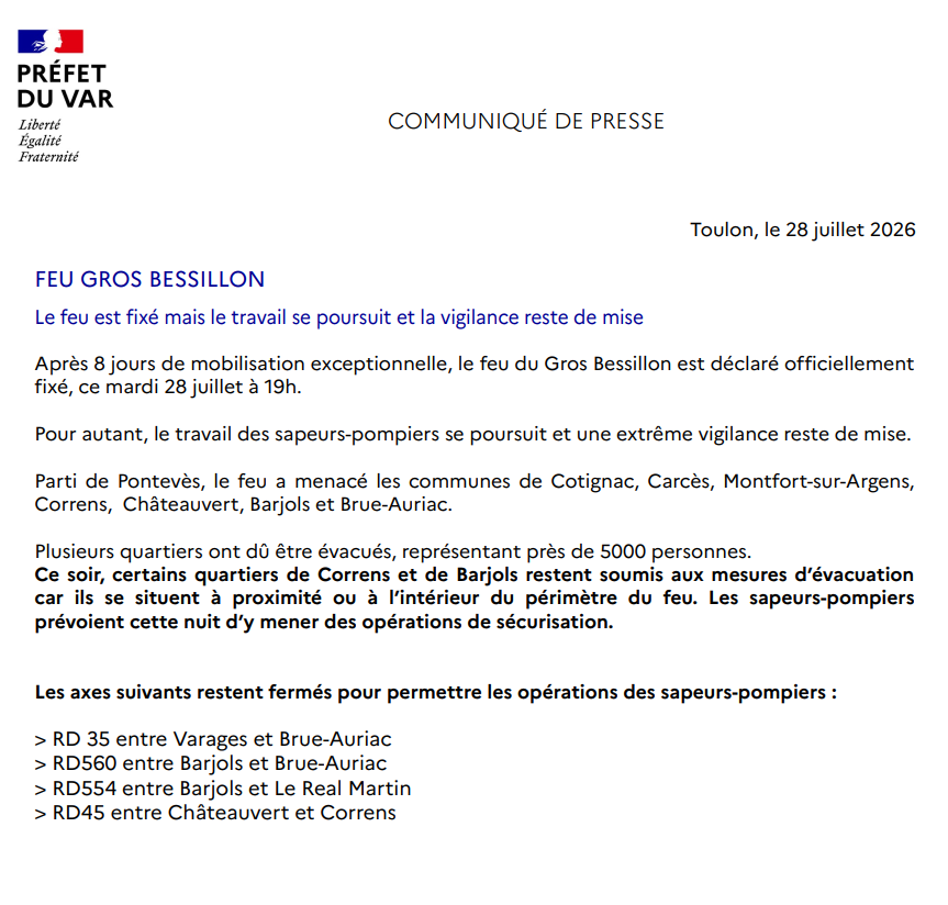 Prefet83's tweet photo. #Feu #GROSBESSILLON | Le feu du Gros Bessillon est déclaré officiellement fixé, ce mardi 28  juillet, à 19h30.
Le travail se poursuit et la vigilance reste de mise ⤵️ https://t.co/cBMxr5oRKJ