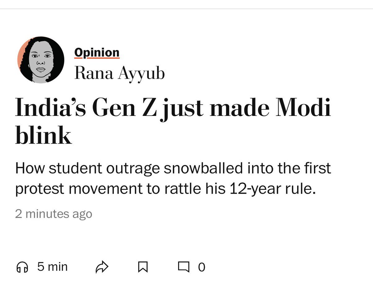 RanaAyyub's tweet photo. Does a confident leader scramble to erase memes and graffiti? Does a secure prime minister in a nation of 1.5 billion people target 16-year-old meme creators? This week India's youngest generation discovered that it could make the country's most powerful politician blink. Narendra Modi's response suggests he learned that, too. @PostOpinions