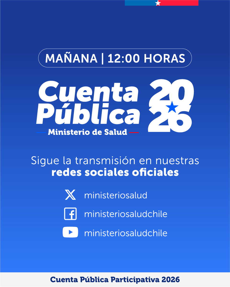 ministeriosalud's tweet photo. ¡Es mañana! Conéctate a la #CuentaPúblicaMinsal2026 desde las 12:00 horas en todas nuestras plataformas. https://t.co/pl479vcMgb
