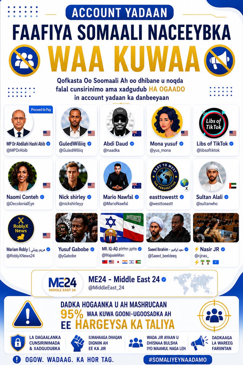 Abashajii's tweet photo. Account yada Faafiya Somaali Naceeybka Waa kuwaan oo qoloda Sahnuuyida U shaqeeya  ee reer sheydaanyahu 

Qofkasta Oo soomaali Ah oo dhibane u noqda falal cunsirinimo ama xadgudub 
Ha ogaado in account yadaan ka danbeeyaan  iyo Qaar kaloo badan lkn kuwaan baa ugu afdheer  oo u dira Zionist ga video yada iyo fake documents ka Somalida lagu magac dilayo 

Dadka hogaanka u ah mashrucaan 99 % Waa kuwa Gooni-ugoosadka Ah ee Hargeeysa ka taliya ee Yuhuud-Doorka ah Ee soomaali naceeybku Ka buuxo 

Somaali waa in eey cadowgooda umidoowdaa 

___________________________________