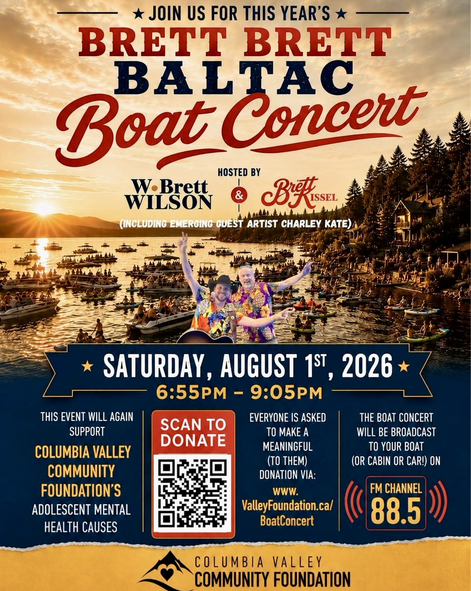 WBrettWilson's tweet photo. A boat concert.  In Windermere BC. My cabin’s on Baltac Rd. My partner is @BrettKissel

This is our 7th Boat Concert. We expect more than 3,000 on the lake. And hoping for well over $100k of gratuitously donated funds for #AdolescentMentalHealth.

All support greatly appreciated. https://t.co/iqx8hVHbvF