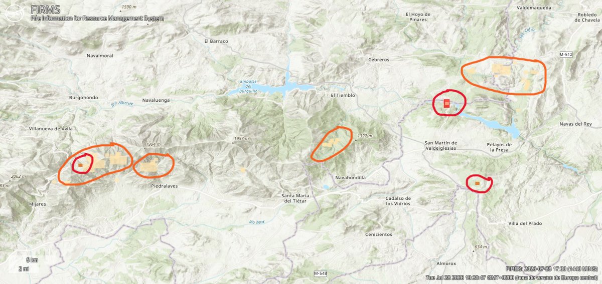 VictorA_Photo's tweet photo. Buenas noticias!!
Datos Firms NASA 18:00
Cada vez quedan menos puntos calientes.
Naranja: puntos calientes de primera hora de la mañana.
Rojo: Puntos calientes de mediodía.
Vigilancia de posibles reactivaciones.
Esta noche baja el viento casi nulo.
#IFBurgohondo #IFSierraOeste https://t.co/9F4ZRbx4qW