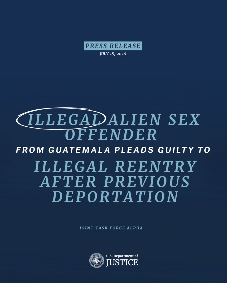 DOJCrimDiv's tweet photo. Illegal Alien Sex Offender from Guatemala Pleads Guilty to Illegal Reentry after Previous Deportation

🔗: https://t.co/JLCnYzOQGH https://t.co/e8qMoeqtVP