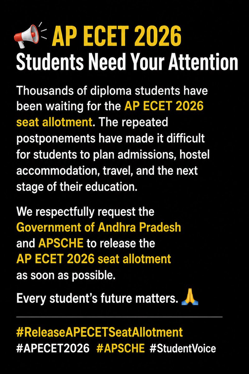 mtkidedi's tweet photo. #ReleaseAPECETSeatAllotment #APECET2026 #APSCHE #StudentVoice #DiplomaStudents #AndhraPradesh #OurFutureCantWait #APStudents #ReleaseECETAllotmentNow
@APSCHE_Official
@AndhraPradeshCM
@APDeputyCMO
@naralokesh
@sakshibhavita
@eenadueducation
@ManabadiAP https://t.co/osCD9Owak5