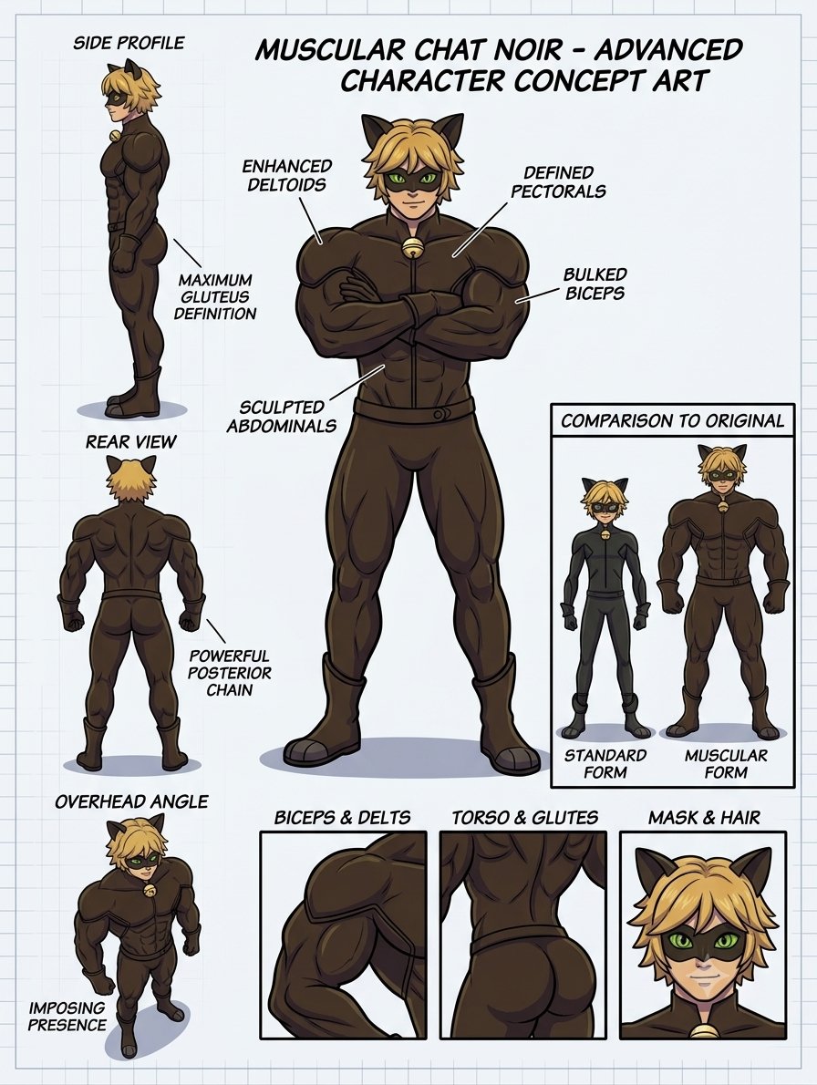 Andressbuff's tweet photo. We gave Chat Noir the presence he always needed.  From slender to absolutely IMPOSING. Is this... perfection? #ChatNoir #MiraculousLadybug #ConceptArt #BuffChatNoir
#MuscleGrowth https://t.co/jjuobRMFZ1